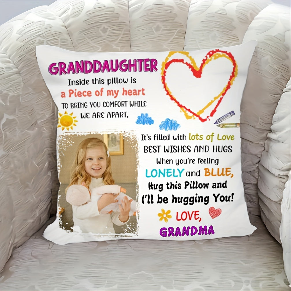 Customize your own photo pillow cover for your granddaughter with this special gift from grandma. Made of soft short plush material, this single-sided cover measures 45.72x45.72 cm. Please note that this listing does not include a pillow core.