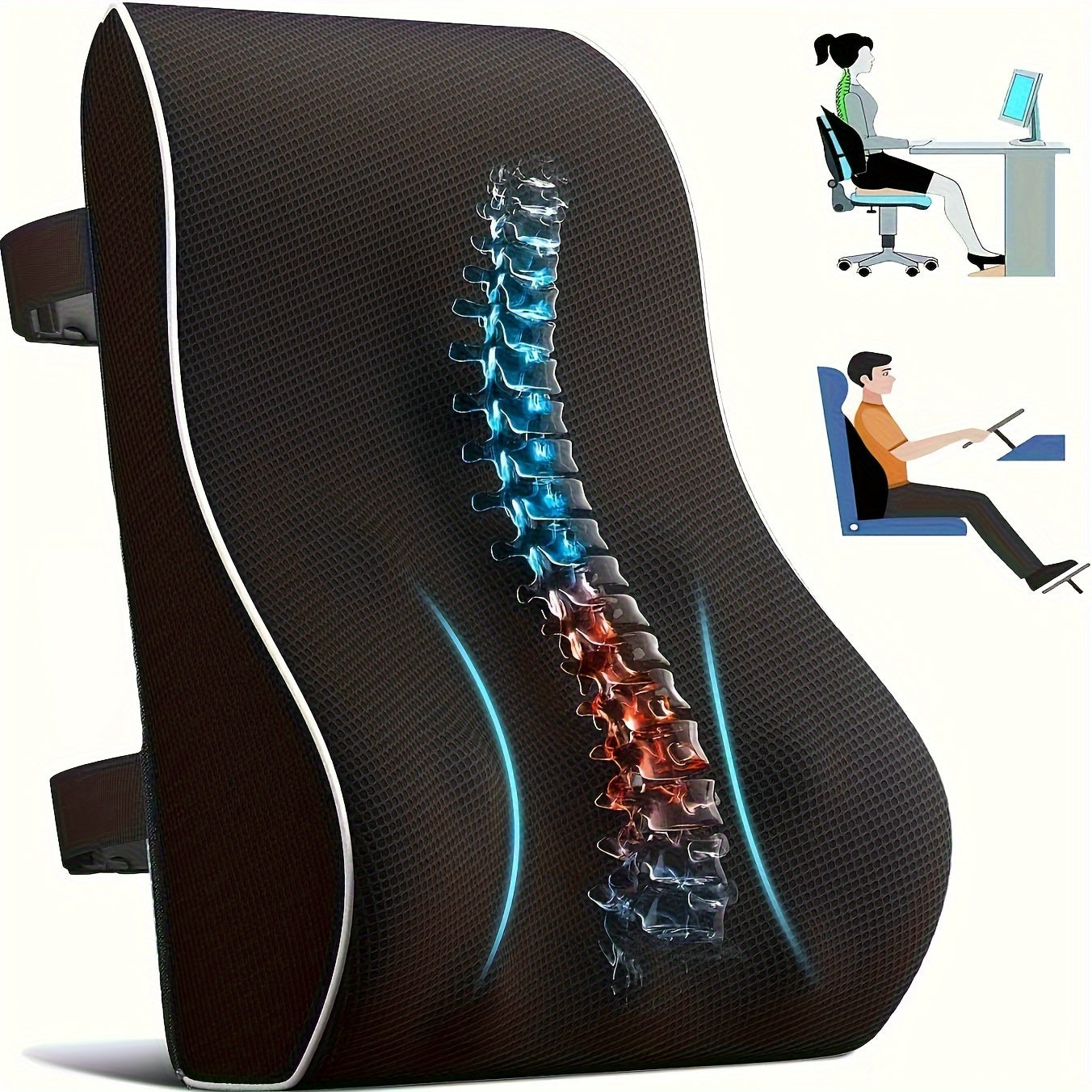 Memory foam cushion with adjustable straps improves posture for office chairs, cars, and gaming.