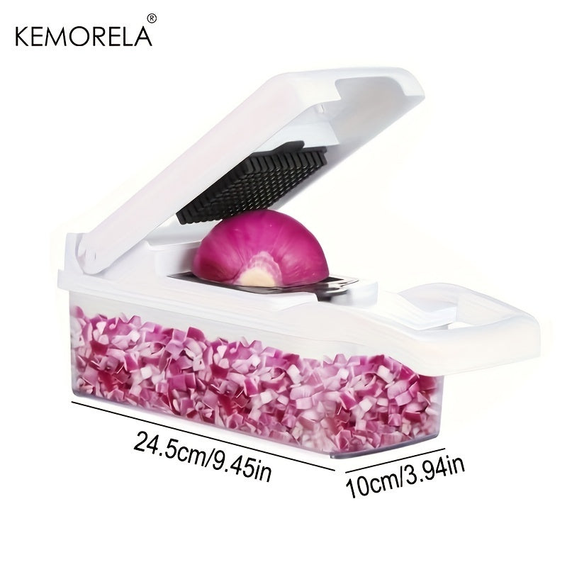 This KEMORELA 15-in-1 Vegetable Chopper & Fruit Slicer Set is a versatile kitchen tool that includes a draining basket and 7 blades for easily mincing onions and shredding potatoes. Made of durable plastic, this gadget is safe for food use.