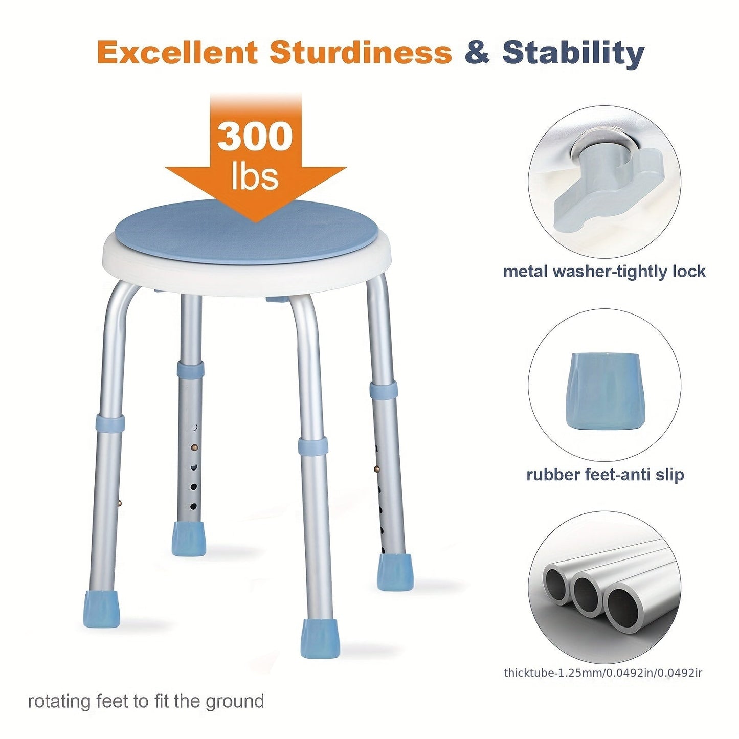 Swivel Shower Chair, 360 Degree Rotating Bath Stool with Adjustable Height Plastic Seat for Elderly, Handicap, and Adults - Supports up to 136.08 KG. Seat height ranges from 35.56 to 48.26 cm, perfect for Christmas, Halloween, and Thanksgiving.