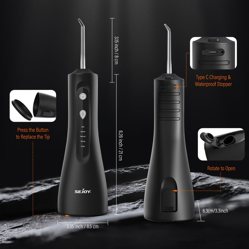 Cordless water dental flosser for teeth cleaning, with 5 modes and 5 tips. Suitable for home and travel.