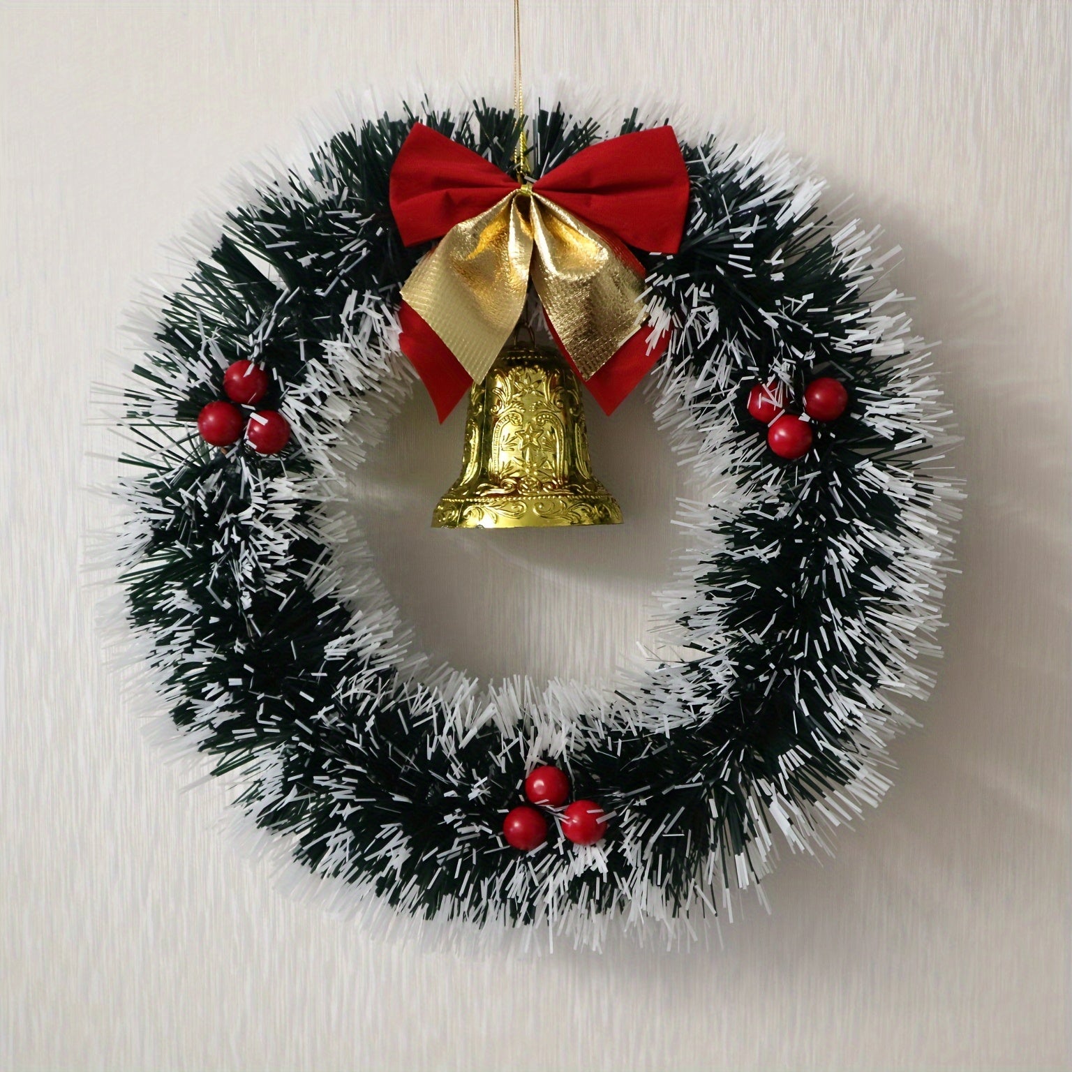 20/30cm Christmas Garland: Dark Green with White Edge, Bells, Red Fruit, Classic Bow