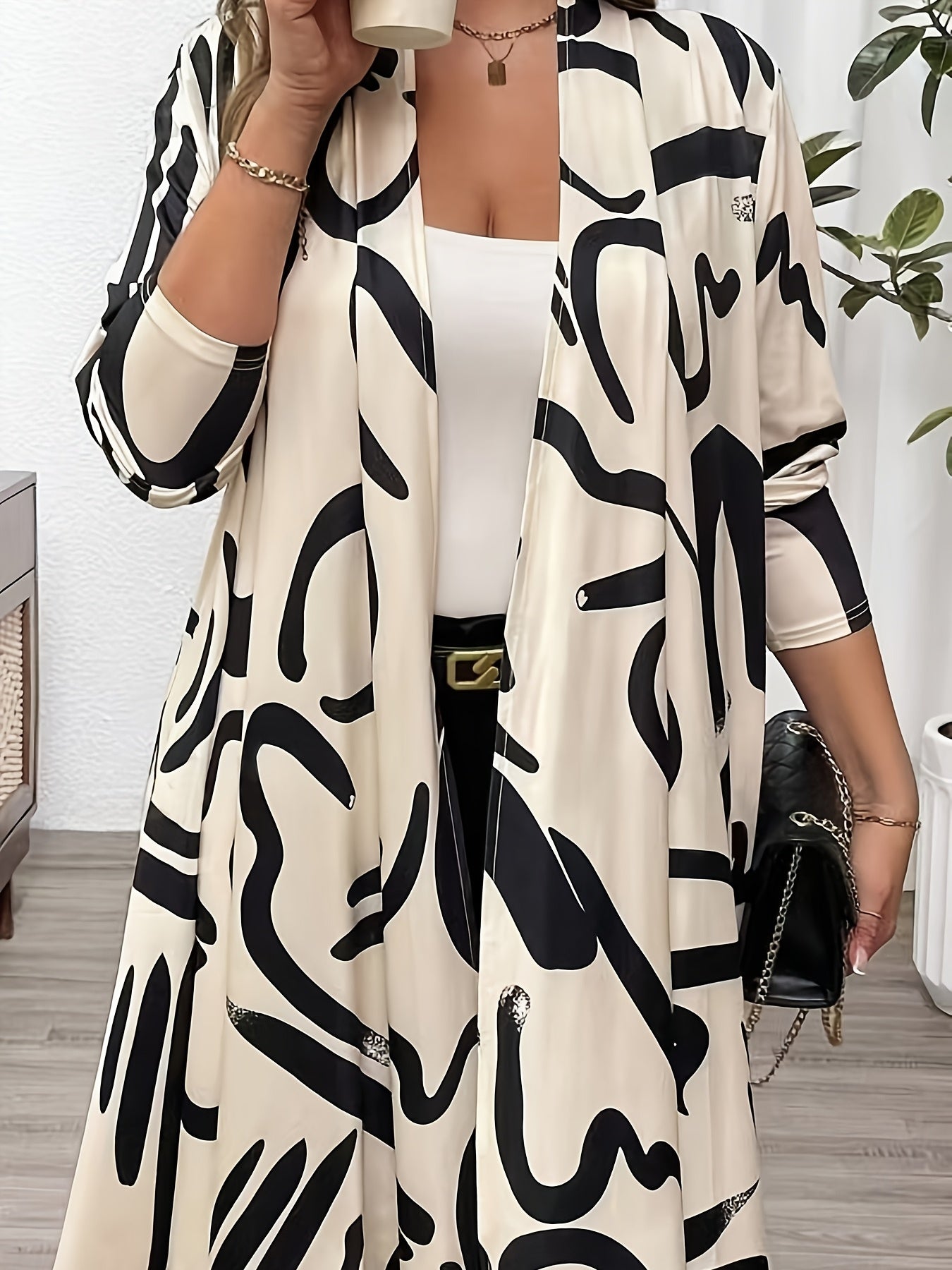 1pc Elegant Tropical Print Women's Long Sleeve Cardigan and Halter Neck Knit Polyester Blouse for All Seasons.