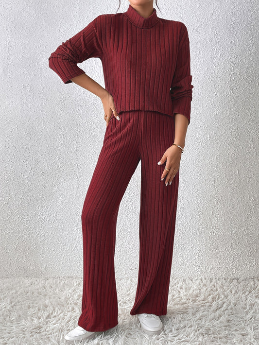 Winter Women's Casual Suit with Fur and Ribbed High Collar, Long Sleeve Top, and Straight Loose Pants Set