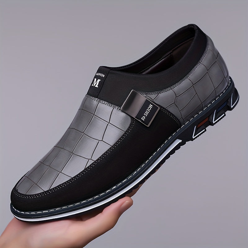 Men's slip-on business casual shoes with synthetic microfiber leather, anti-slip rubber sole, PU inner lining, and low top design for daily wear in spring/fall season.