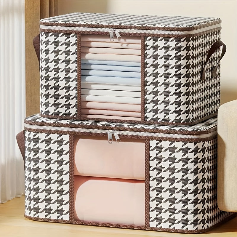 A durable canvas houndstooth storage bag with a zippered closure and handles, perfect for quilts, clothes, and linens. Lightweight and portable, this organizer is ideal for keeping your wardrobe, bedroom, or dorm neat and tidy. Its modern aesthetic adds