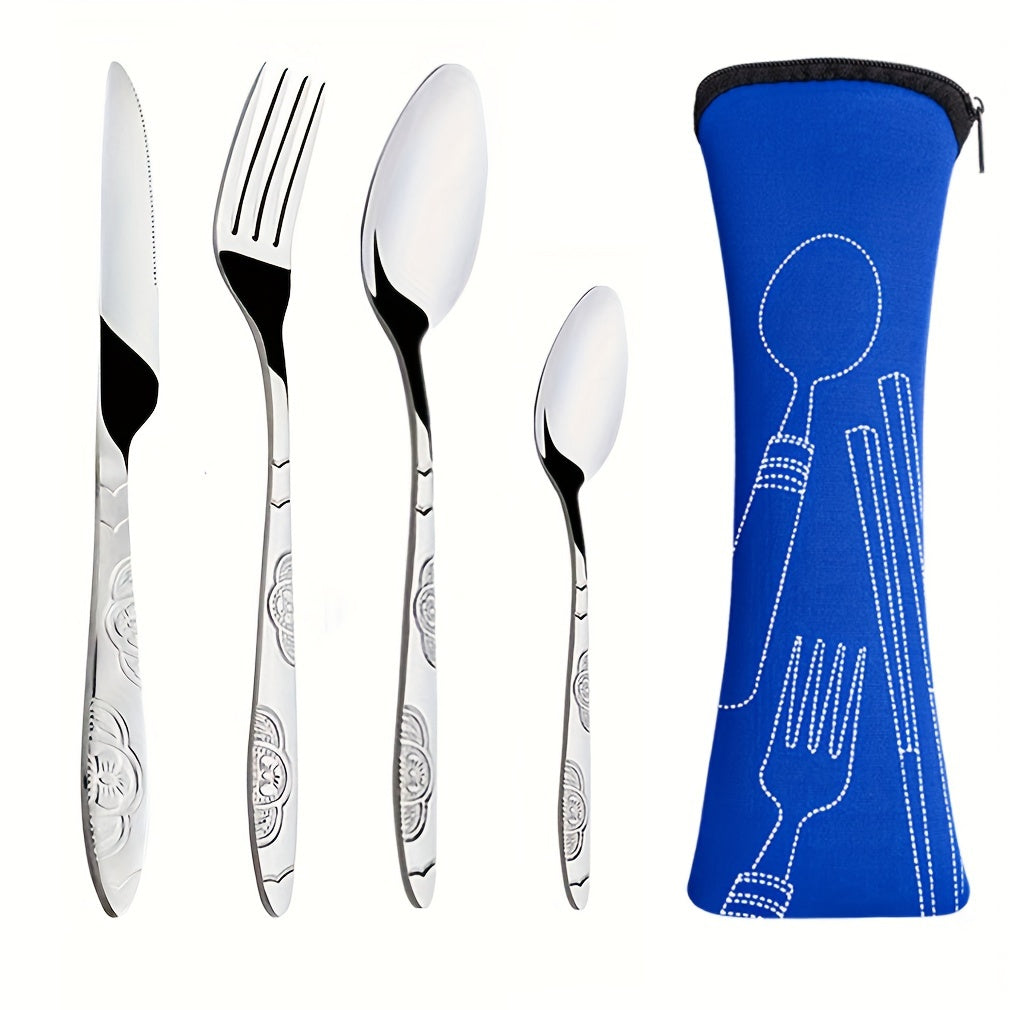 Premium stainless steel cutlery set includes knife, fork, spoon in chic case- perfect for camping and travel.