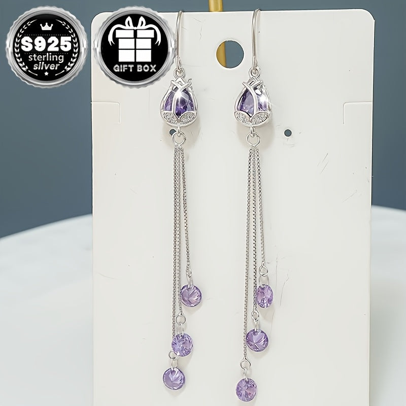 Vana Classic Simple Style 925 Sterling Silver Pendant Earrings featuring Synthetic Amethyst Cubic Zirconia, Untreated - 2PC Set, Total Weight 3.8g. Perfect for Wedding, Party, or Everyday Wear - Comes in Gift Box.