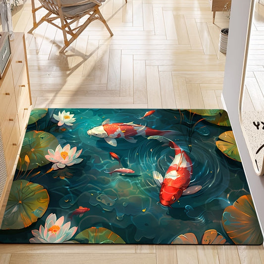 Lotus Koi Design Area Rug - Luxuriously Soft and Thick, 8mm Cushioned Rug for Bathroom, Kitchen, Living Room, and Bedroom - Easily Washable Indoor Floor Mat, Door Mat, Entryway Carpet, and Stylish Home Decor Piece