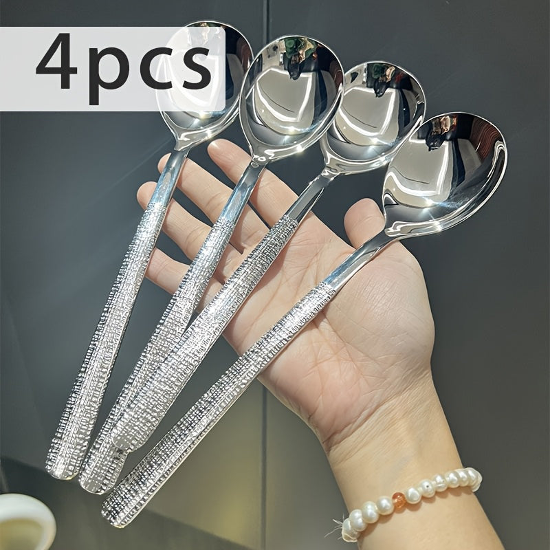 Upgrade your dining experience with our elegant New Light Luxury Hammer Pattern Stainless Steel Spoons. Available in sets of 4pcs, 8pcs, 12pcs, and 15pcs, these spoons are perfect for use in restaurants, for main course meals, for everyday use at home