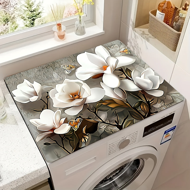 Magnolia Flower Print Polyester Mat - Quick-Dry Absorbent Countertop Protector for Washing Machine, Refrigerator, Kitchen, Coffee Machine, Laundry Room Dust Cover - 1 Piece