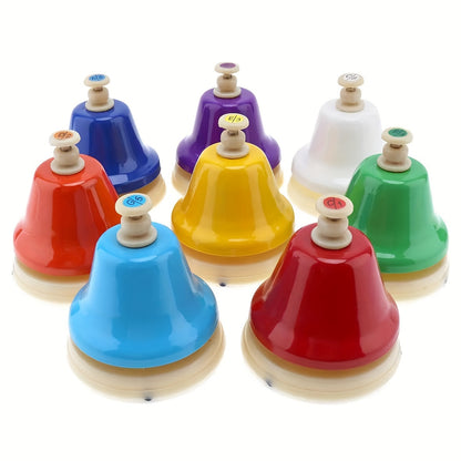 FF Bonfires 8-Tone Diatonic Hand Bell Set: Colorful, Durable Percussion Instruments with Easy-to-Read Notes for Music Enthusiasts and Party Favors.