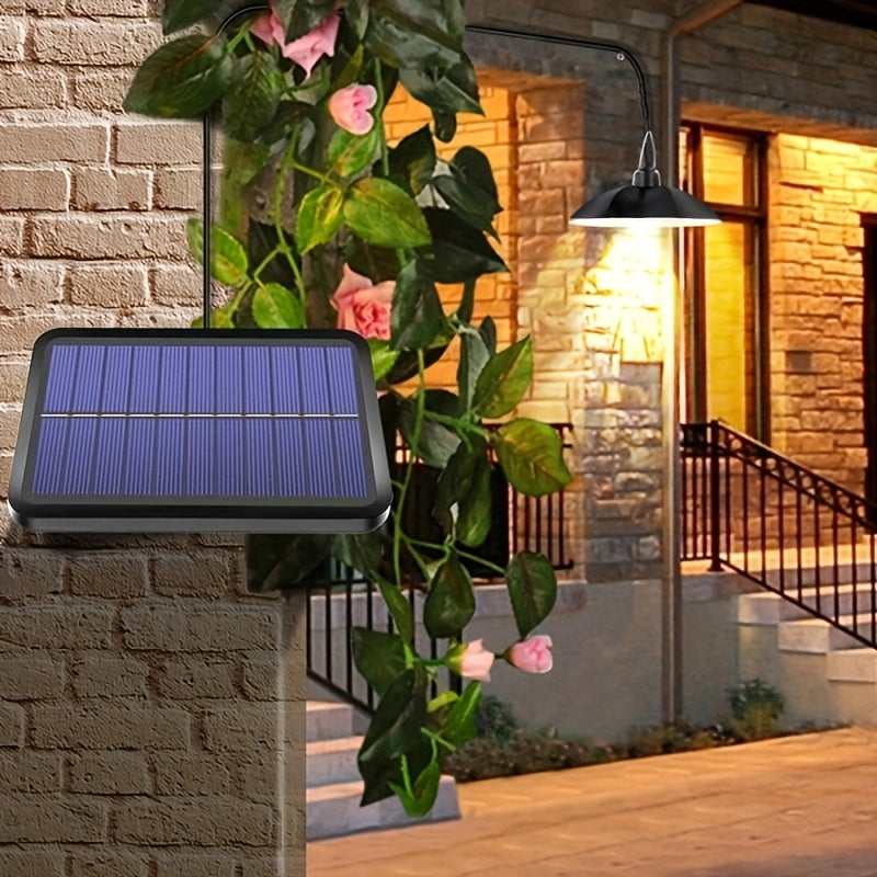 Solar LED pendant light with remote control, double head outdoor hanging lamp for RV camping and garden decoration. Suitable for square, shed house, and porch.