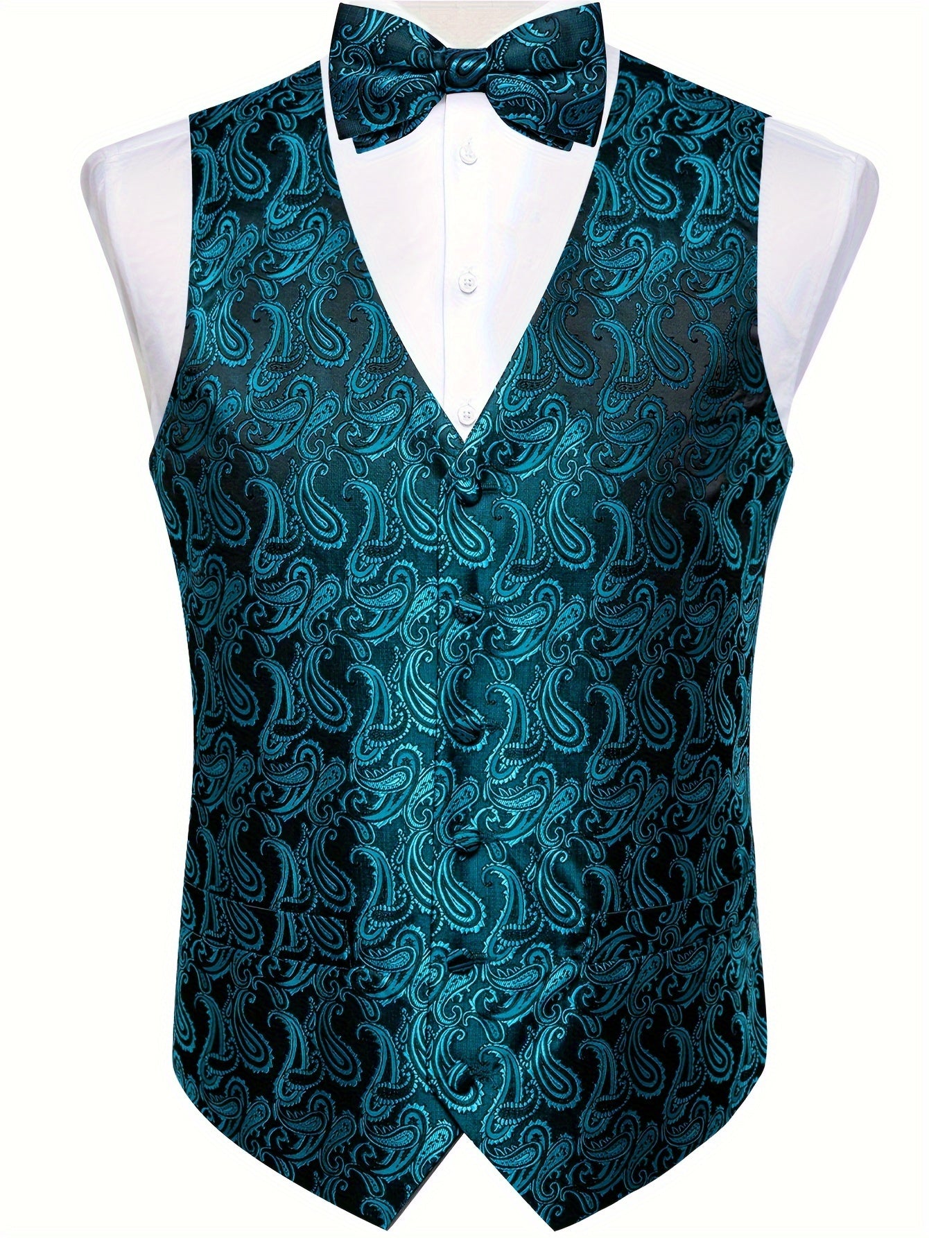 Plus size men's paisley suit vest set with tie, bow tie, pocket square, and cufflinks - perfect for parties.