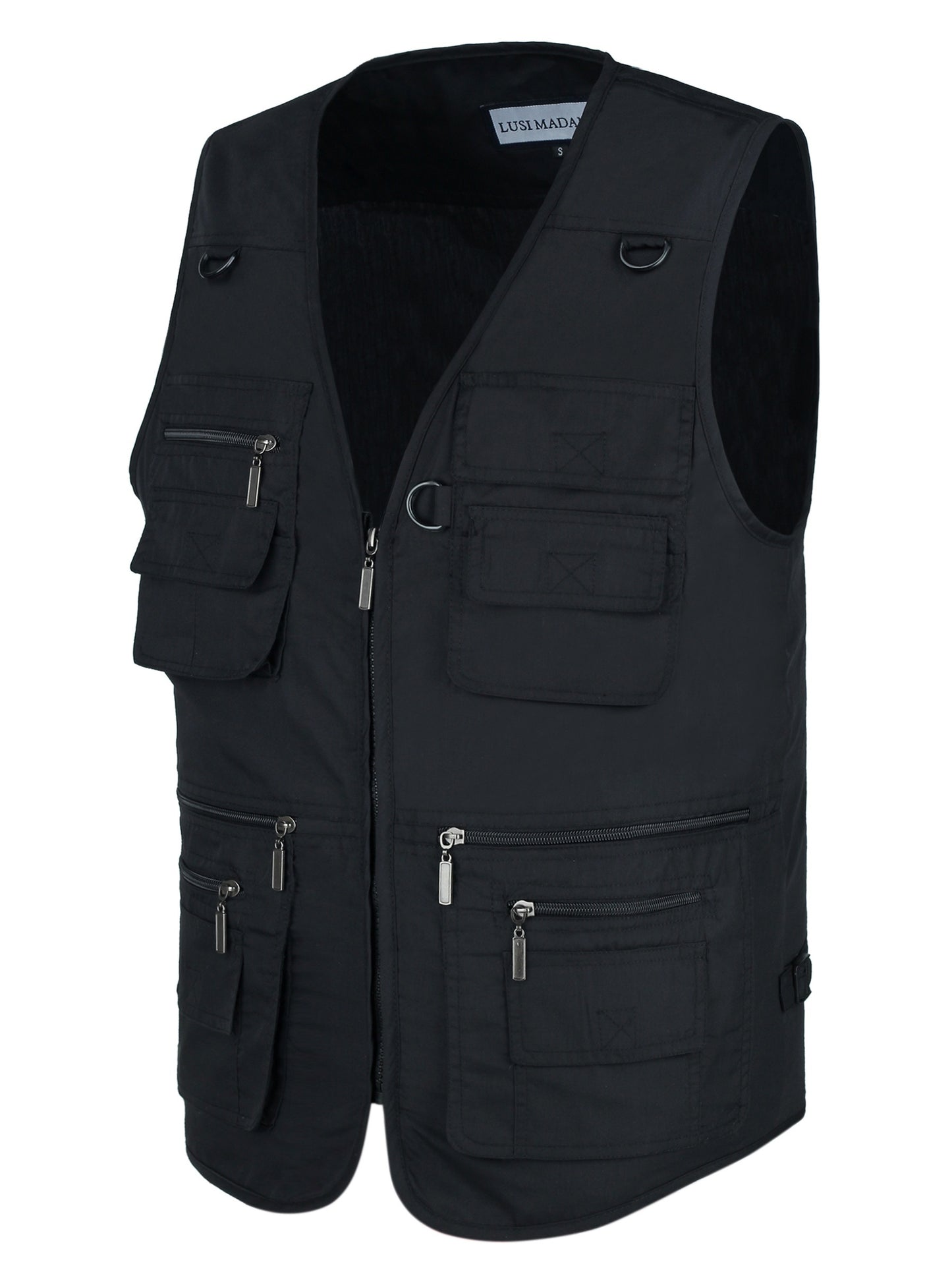 Black polyester blend men's plus size lightweight cargo vest with multiple pockets and zipper for outdoor activities. Perfect for spring/summer, photography, fishing, hunting, and travel.