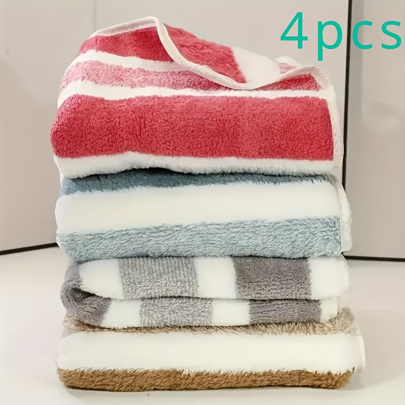 LDQ 4 Ultra-Soft Coral Fleece Towels - Quick Dry, Striped Hand & Face Towels, 34.8x74.93 cm