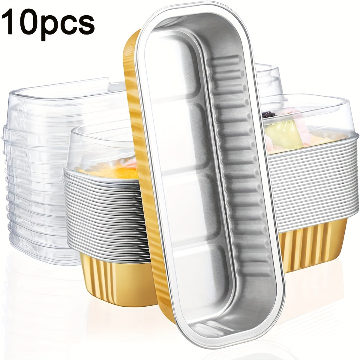 This package includes 10 mini loaf pans made of aluminum foil, each with a transparent lid. Each pan measures 16.51 cm by 6.35 cm by 3.05 cm, making them ideal for baking mini cakes and cupcakes. Available in black, pink, and golden colors.