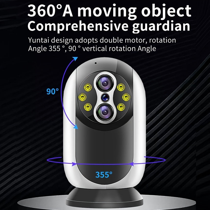 Wireless WiFi baby monitor with high definition dual lens camera, 3MP resolution, pan tilt control, 15x optical zoom, motion detection, bidirectional intercom, and network connectivity for home safety. SD card not included.