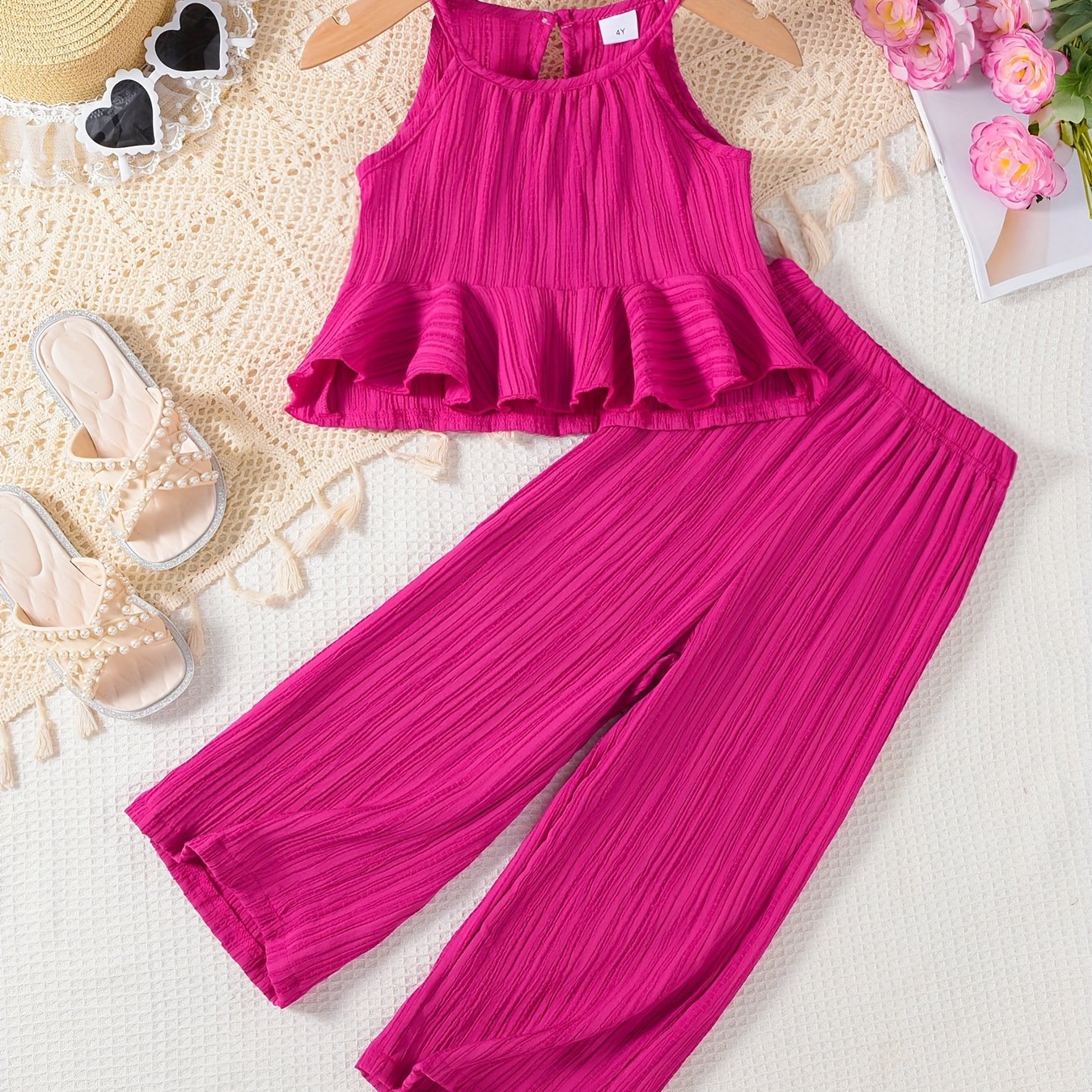 Girl's sleeveless sling top + straight pants trendy set for summer outdoor holiday outfits.