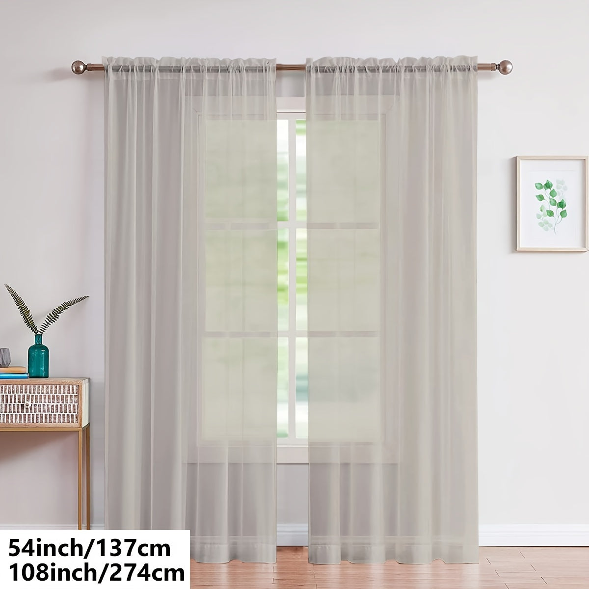 Two pieces of lightweight transparent white gauze curtains, designed for living room and bedroom decoration, with pole-wearing feature.