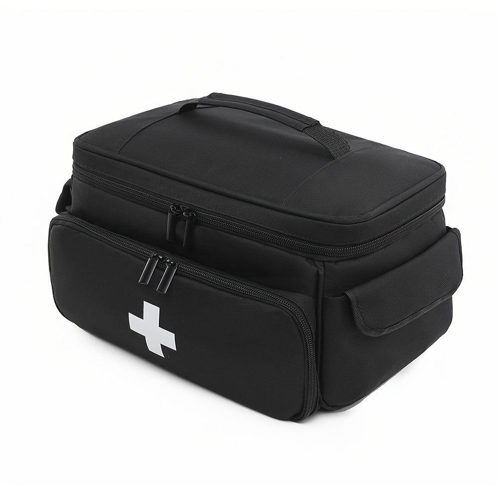 Durable PU medicine storage bag with multiple compartments for home and emergency needs. Non-food safe. Available in red, black, and grey for first aid use.