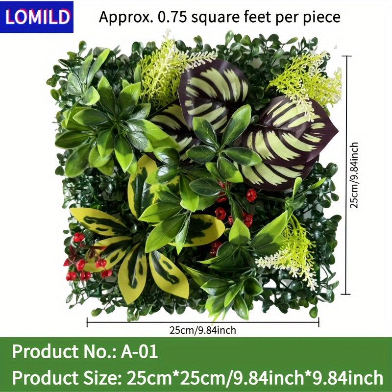 One piece of LOMILD Imitation Milan Mixed Green Plants in various styles with flower and grass skin. Ideal for outdoor wall, wedding, and festival decorations. Also suitable for tying