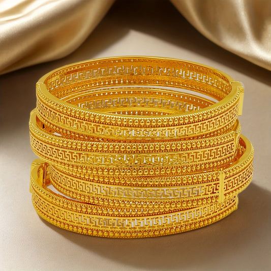 A set of four vintage boho style copper bangles, perfect for Nigerian bridal weddings and versatile fashion jewelry for women. Ideal for daily wear or special occasions.