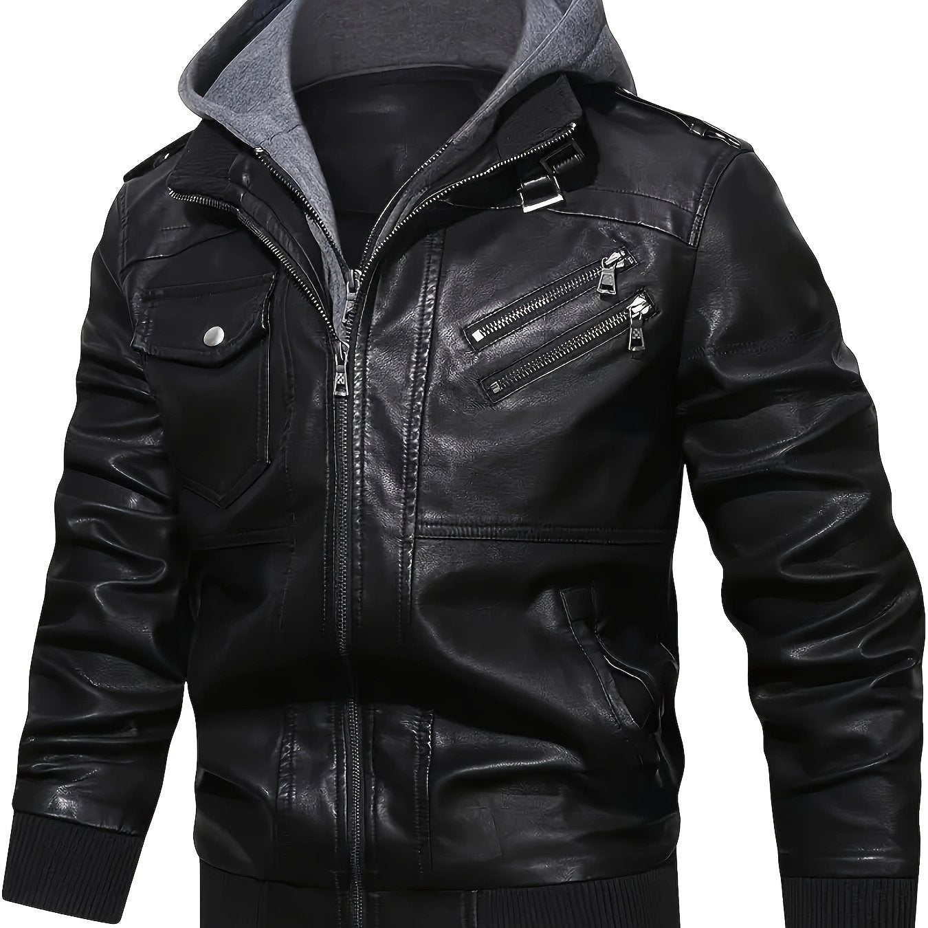 Men's casual faux leather jacket with hood, multi-pocket design, regular fit, solid color, polyester lining, woven fabric - Pearson OBM.