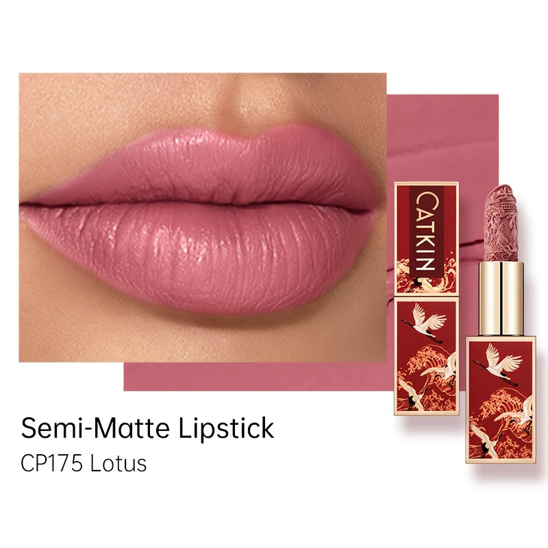 CATKIN Red Carving Matte Lipstick with Waterproof Long-Lasting Satin Finish for Smooth Red and Nude Lips.