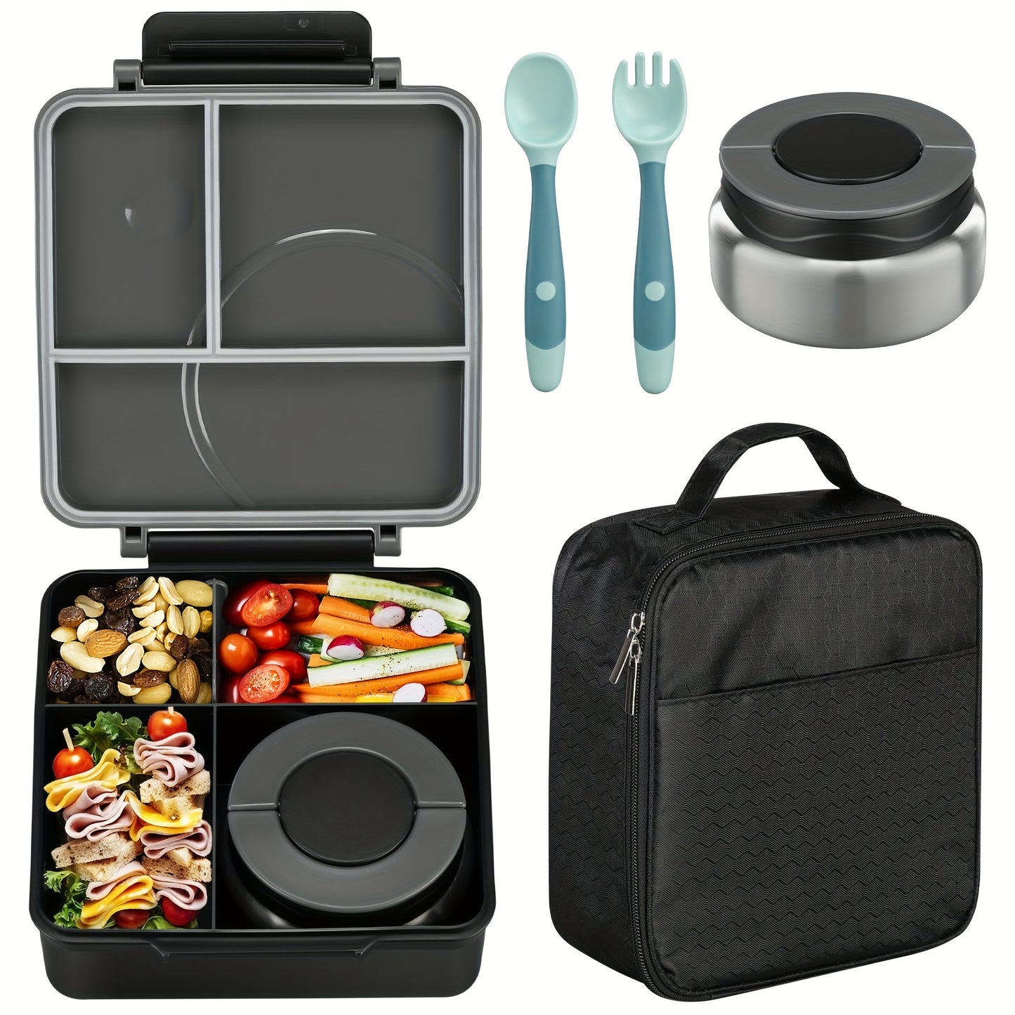 Bento lunch box set with 8oz soup thermo, leak-proof containers with 4 compartments, kids hot food jar, and insulated lunch bag.