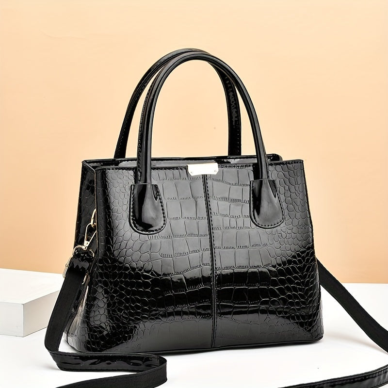 Elegant black crocodile pattern handbag with adjustable strap and zipper closure - perfect Mother's Day gift.