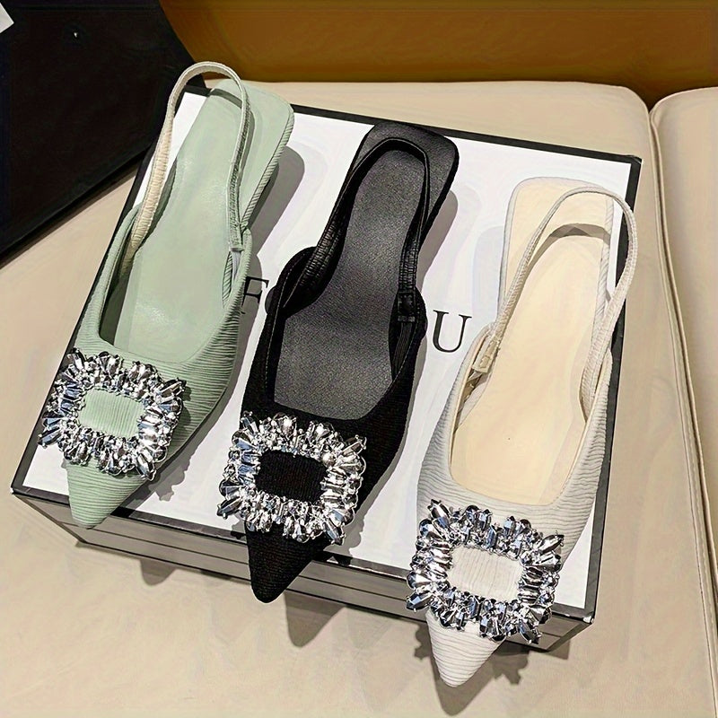 Ladies French-style kitten heel sandals with rhinestone buckle detail, in light green, beige, and black.