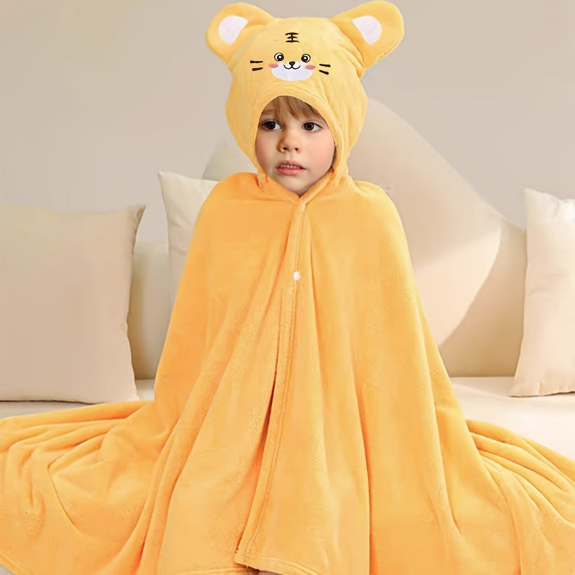 Soft and cozy tiger hooded bath towel with cute animal design for kids. Perfect for little ones, highly absorbent and warm, odorless and machine washable. Comes in yellow, measures 69.85x139.95 cm.