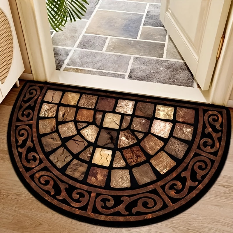 Indulgent Retro Half-Circle Velvet Door Mat with Anti-Slip Backing - Classy Mosaic Design, Perfect for Entryway, Bedroom, Kitchen, Bathroom - Easy to Clean, Made of 100% Polyester, Bathroom Rug, Great for Thanksgiving