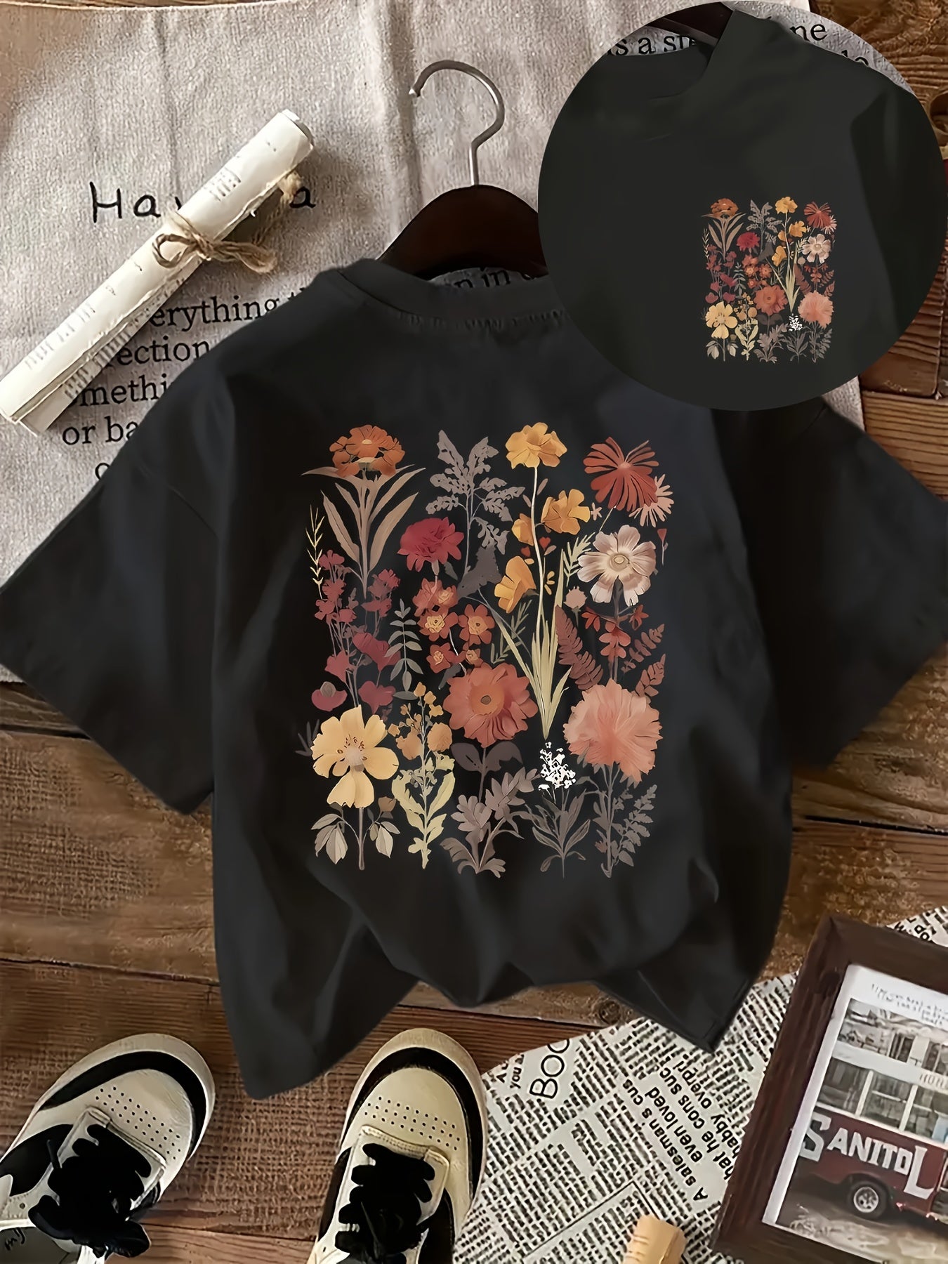 Vintage casual print T-shirt for women with deer and chive design.