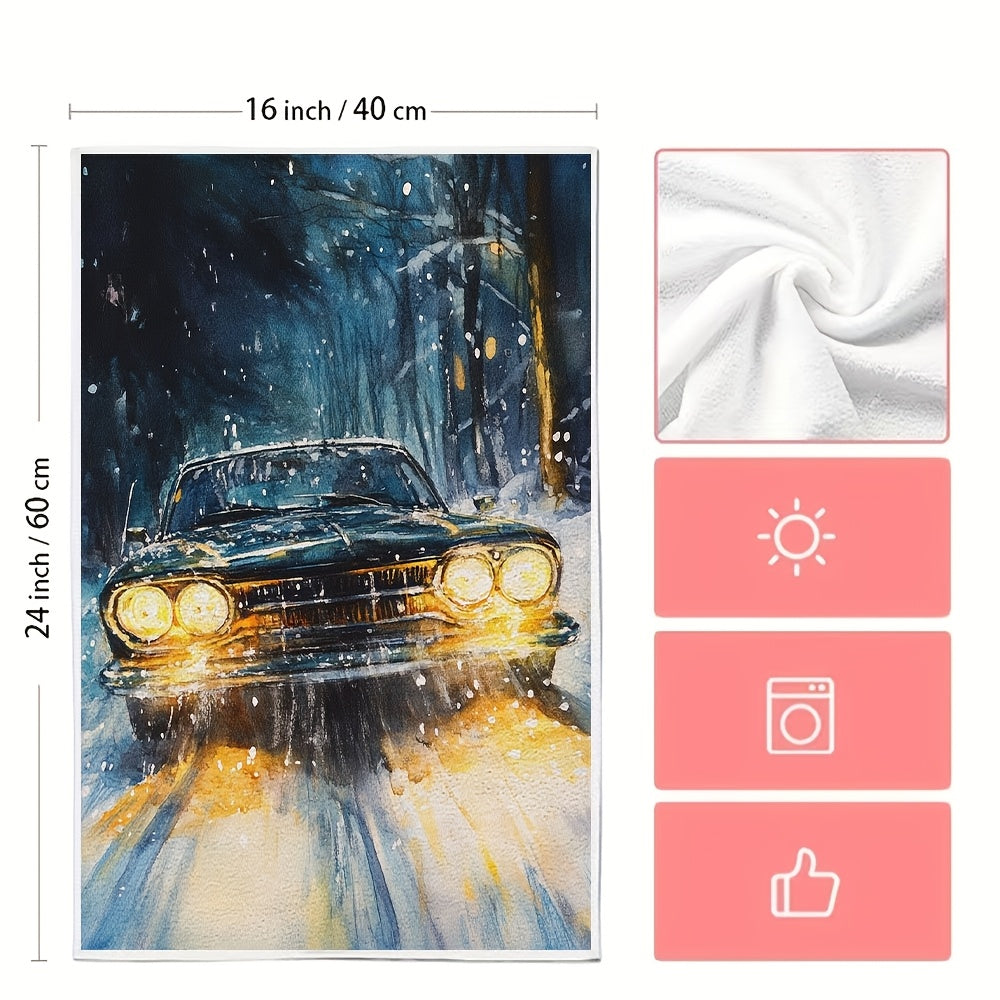 Two Coastal Style Kitchen Towels featuring a Super Absorbent Polyester Knit Fabric that is Machine Washable. These Contemporary Oblong Hand Towels are designed with Halogen Headlights and measure 40.64x60.96 cm. Perfect for adding a touch of Coastal