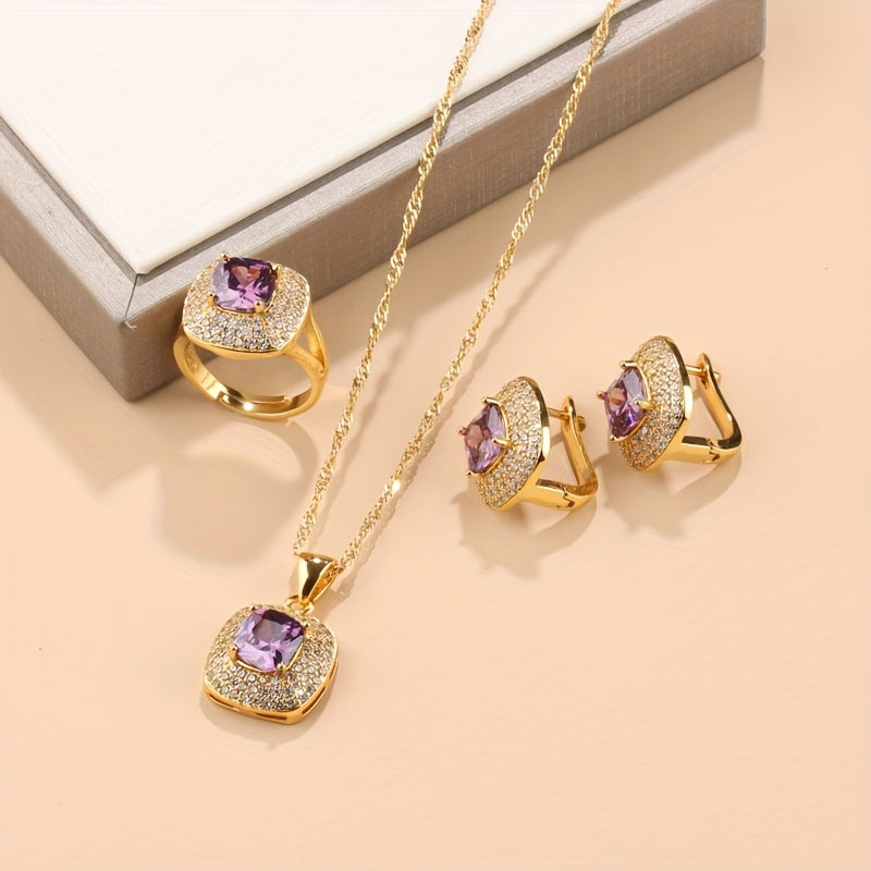 Chic Brazilian/Arabian Top-Selling 4-Piece Jewelry Set for Women - Timeless Design, Synthetic Stone, 18K Gold Plated Copper with Zirconia Detailing - Includes Square Earrings, Ring, and Pendant Necklace Perfect for Special Occasions and Celebrations