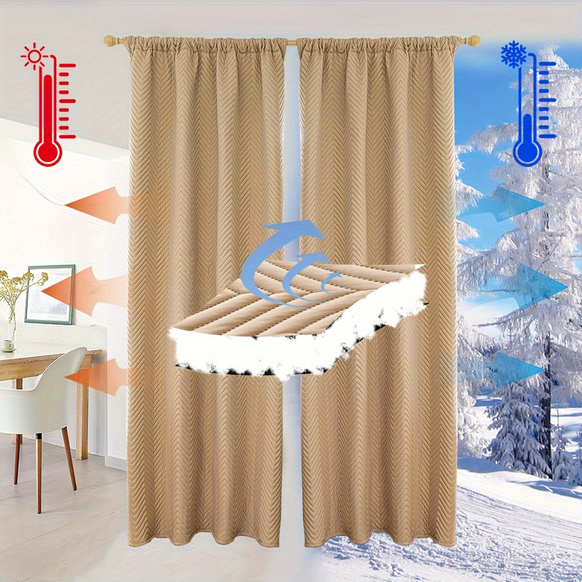 Stay warm and cozy this winter with our 2-piece set of thick curtains. These soundproof and windproof blackout drapes feature a stylish geometric twill weave and are made from 100% polyester. They are designed with a rod pocket and can also be hung using