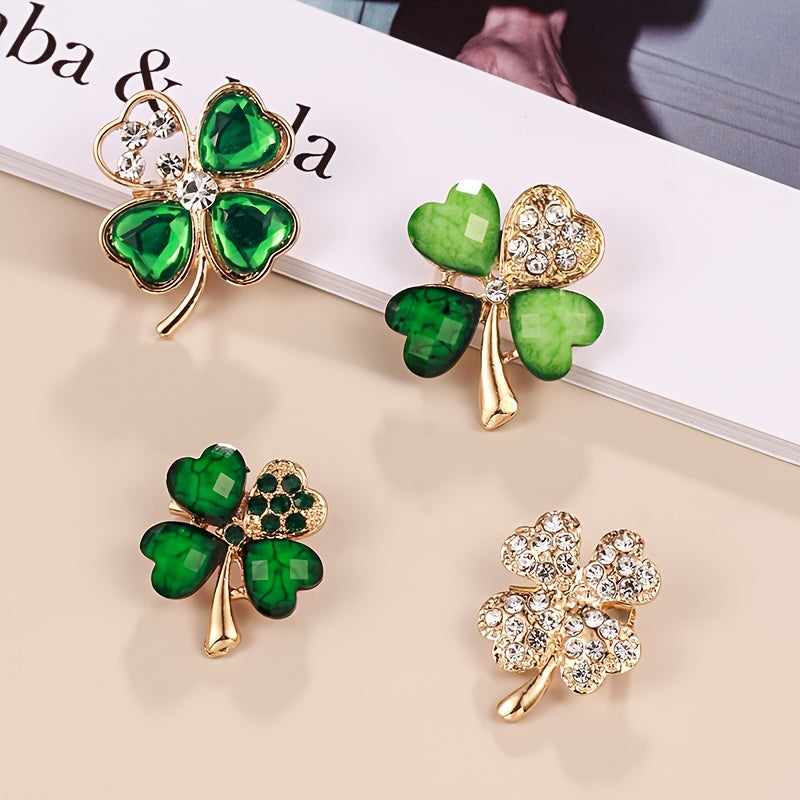 Set of 4 alloy clover brooch pins with synthetic rhinestone mosaic in a simple, cute style. Perfect fashion accessory for clothing, daily wear, and gift occasions throughout all seasons.