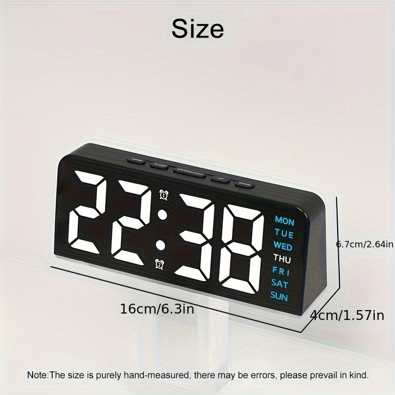 Digital LED Alarm Clock with USB power, sleek black plastic frame, dual time display, modern design for bedroom decor. Battery-operated (AAA not included).