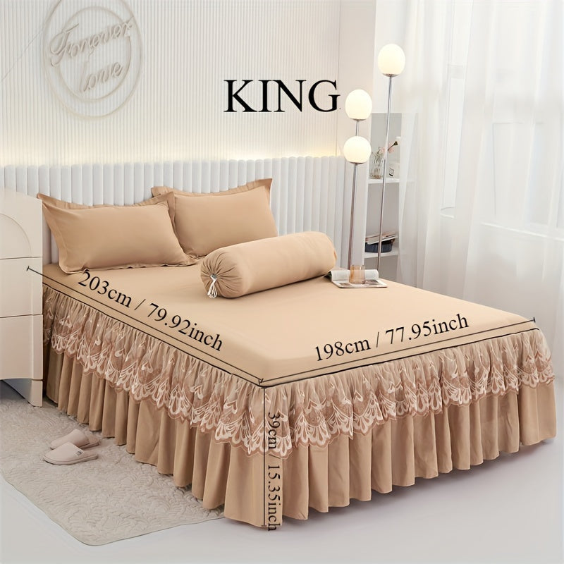 Chic 3-Piece Bed Skirt Set Featuring Double Layer Lace - Comes with 1 Bed Skirt and 2 Pillowcases, in a Solid Color. Non-Slip and Perfect for All Seasons, this Set is Machine Washable for easy care.