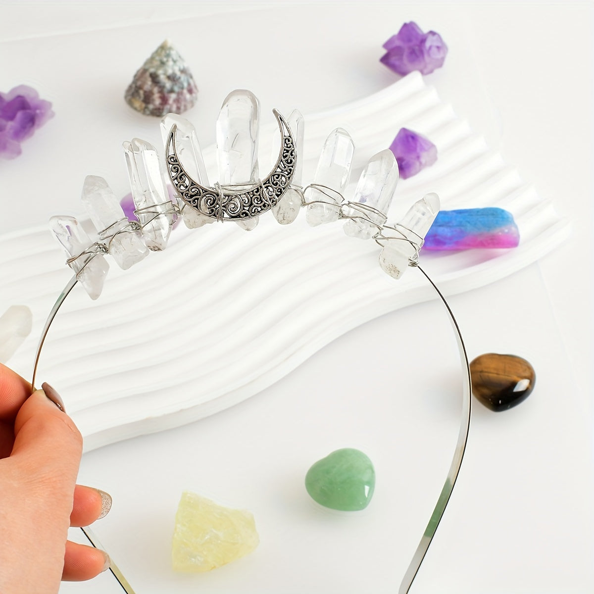 Crystal quartz raw stone crown hairband tiara headband jewelry for weddings and parties for women.