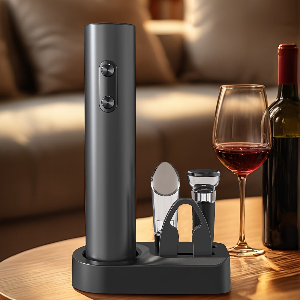 Cheer Moda Electric Wine Opener Set includes a automatic red wine bottle opener, vacuum preservation stopper, pouring accessories, and essential wine tools. 8.31cm x 7.29cm x 23.19cm in size, powered by AA batteries (not included).