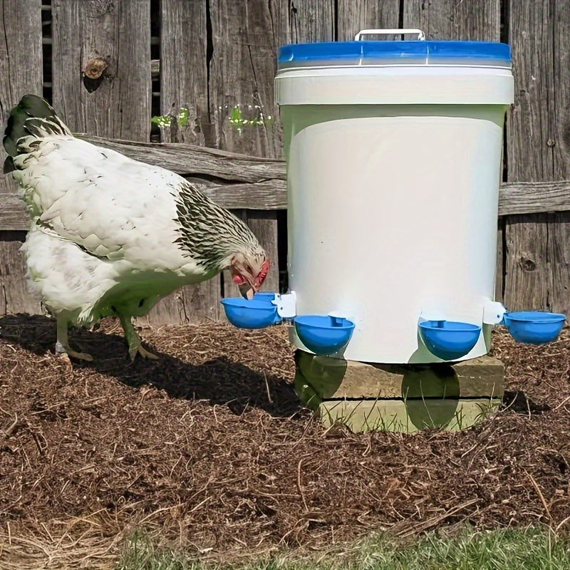 6 large blue automatic chicken water cups for ducks, geese, turkeys, and rabbits.