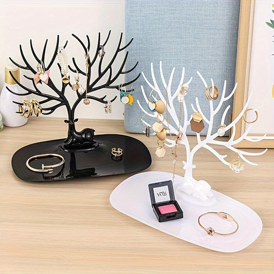 Deer-shaped jewelry display stand, Nordic style bedroom accessory for earrings and bracelets. Ideal for Halloween and Christmas gifts. Made of plastic with tabletop mount and snap closure. Multi-purpose and does not require power.