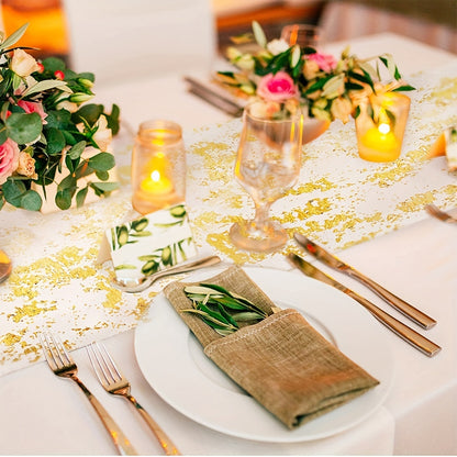 Golden foil linen table runner for special occasions like weddings, birthdays, banquets, and Christmas gifts.