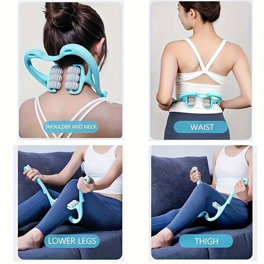 Handheld massage roller with kneading balls for neck and shoulders, upper back, thighs, and calves. Ergonomic design in blue plastic for home use.