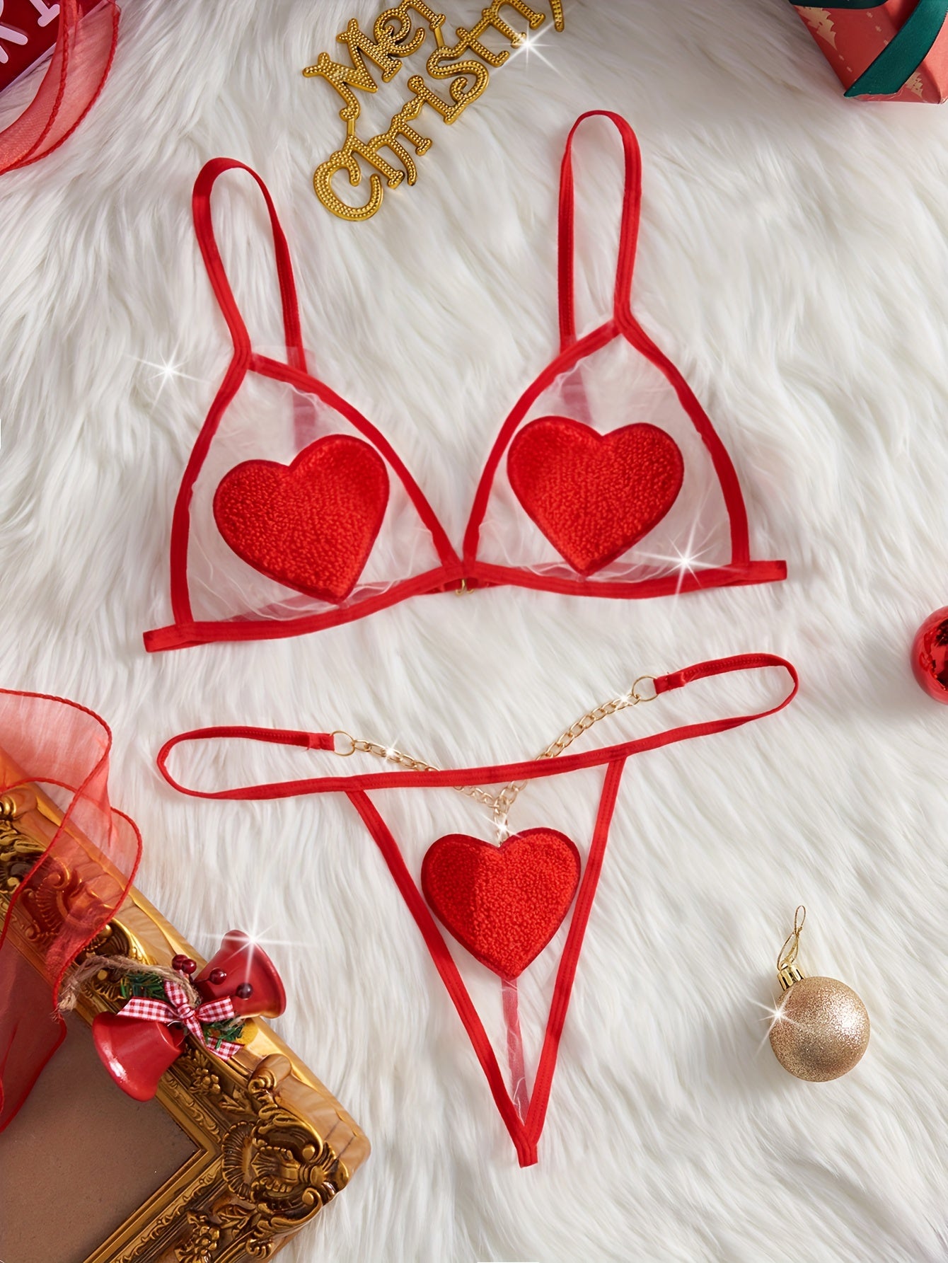 Valentine's Day 2pcs Set of New Red Love Funny Mesh Sexy Women's Underwear with a Bra and See-through Thong