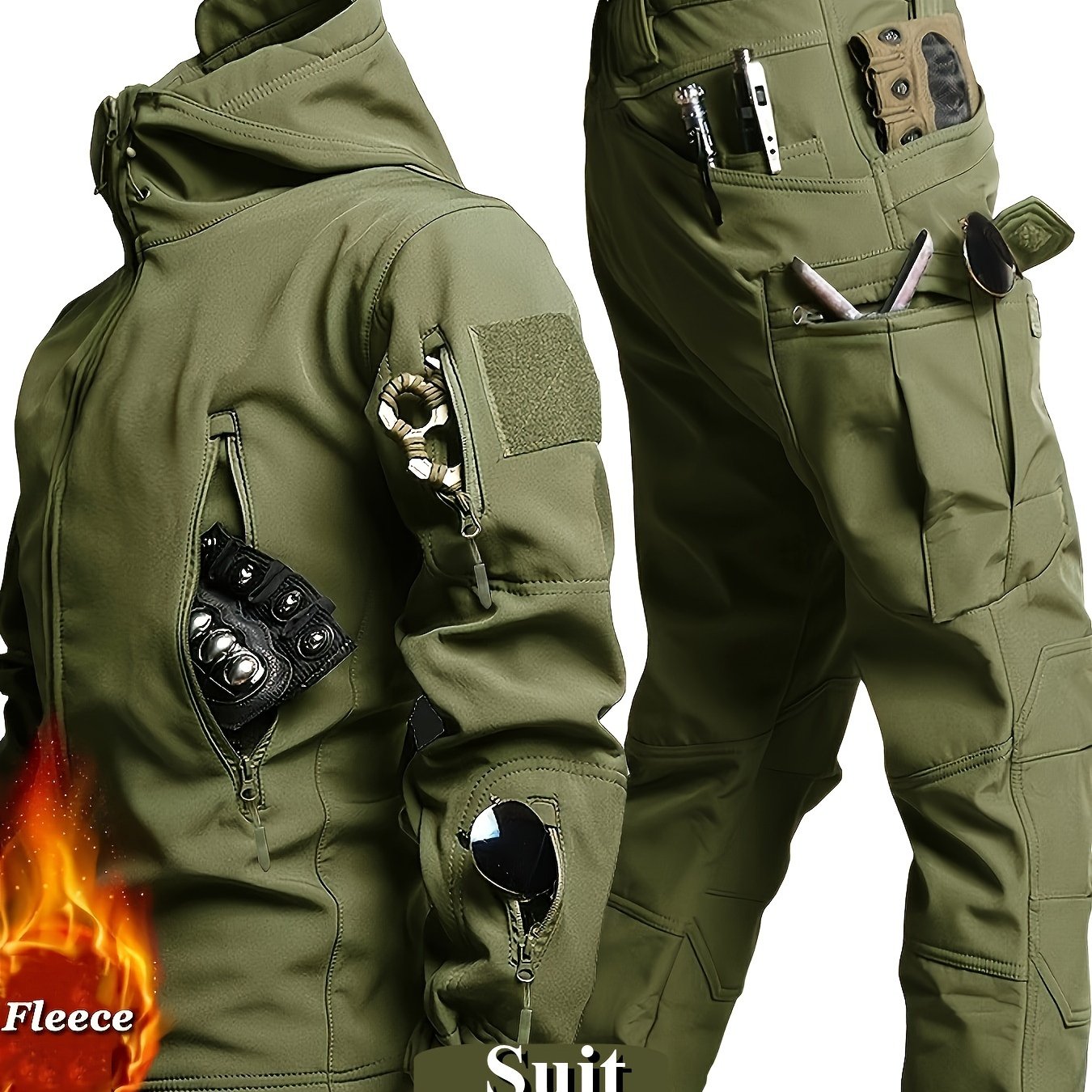 Two-piece men's casual sports suit includes a waterproof and breathable cargo set for outdoor sports, complete with a fleece multi-pocket hooded quick-drying jacket.