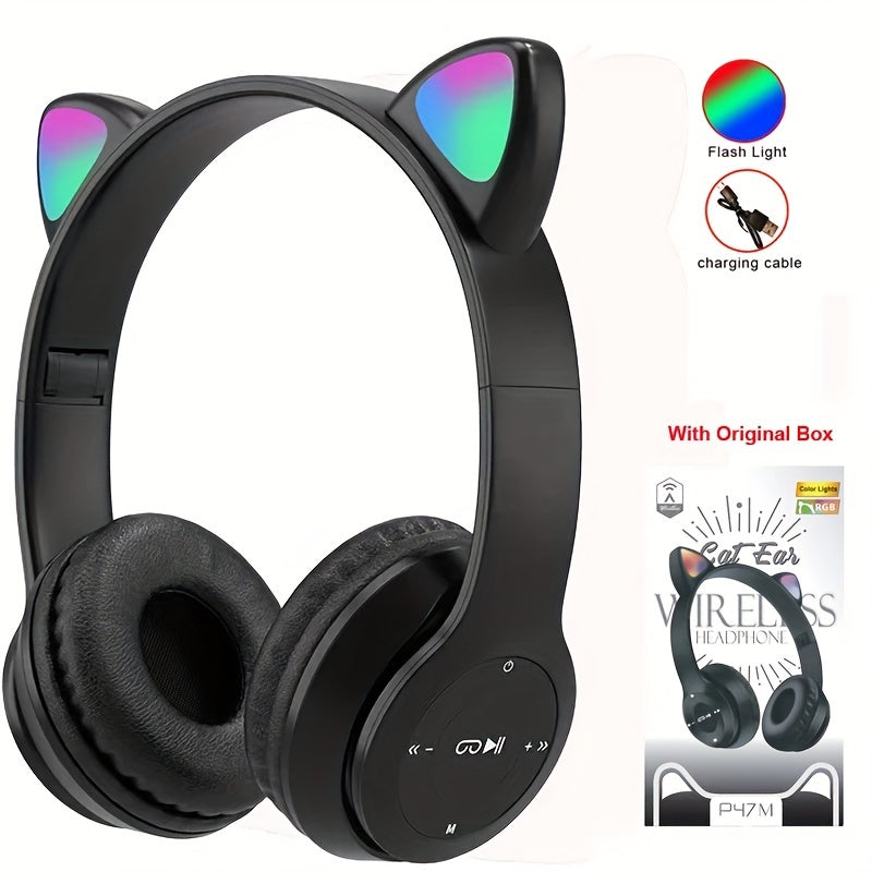 Anime cat ear wireless headphones with LED lights, microphone, rechargeable battery, 3.5mm jack, push button volume control. Compatible with cellphones, non-waterproof. Ideal for cycling